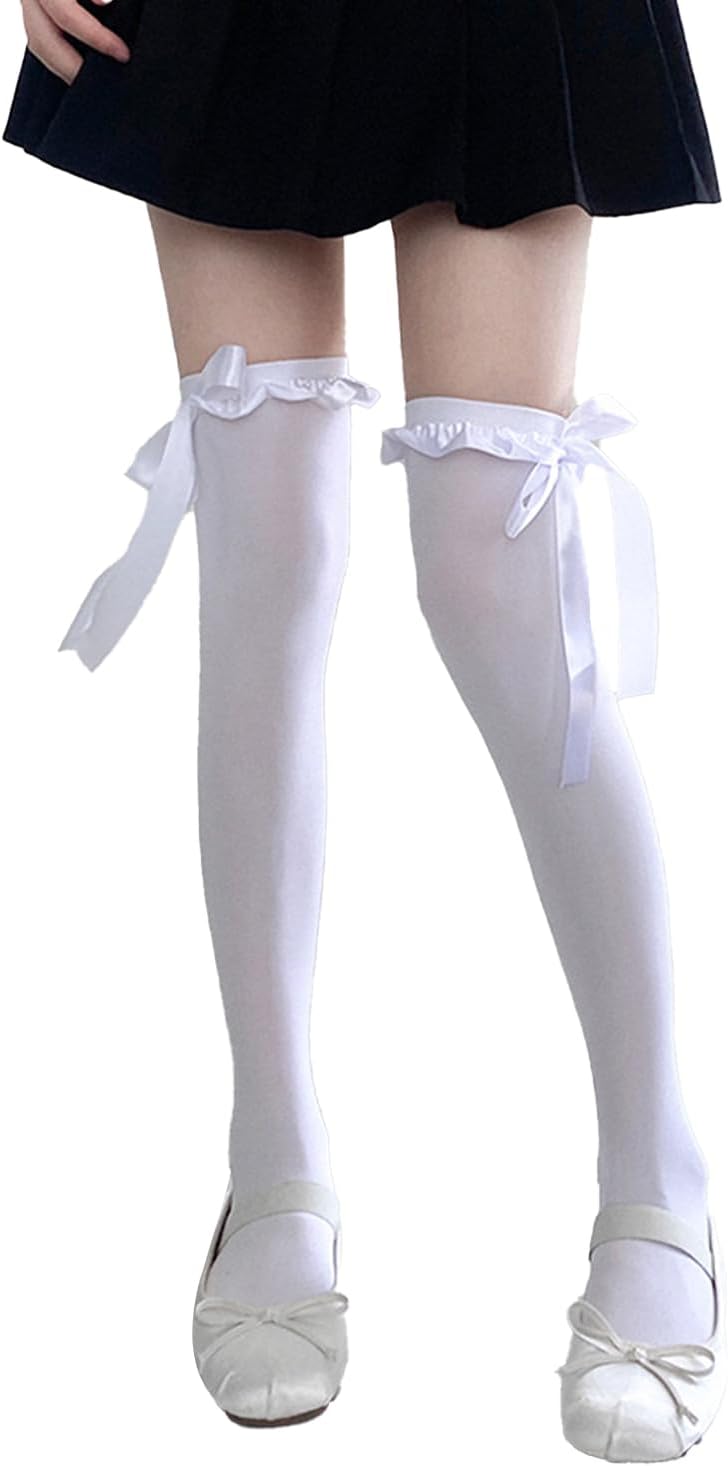 Ninejuize Thigh High Stockings with Bow, Santa Accessory Y2K Fishnet Socks with Lace Brim Lingerie Tights for Women - Image 1